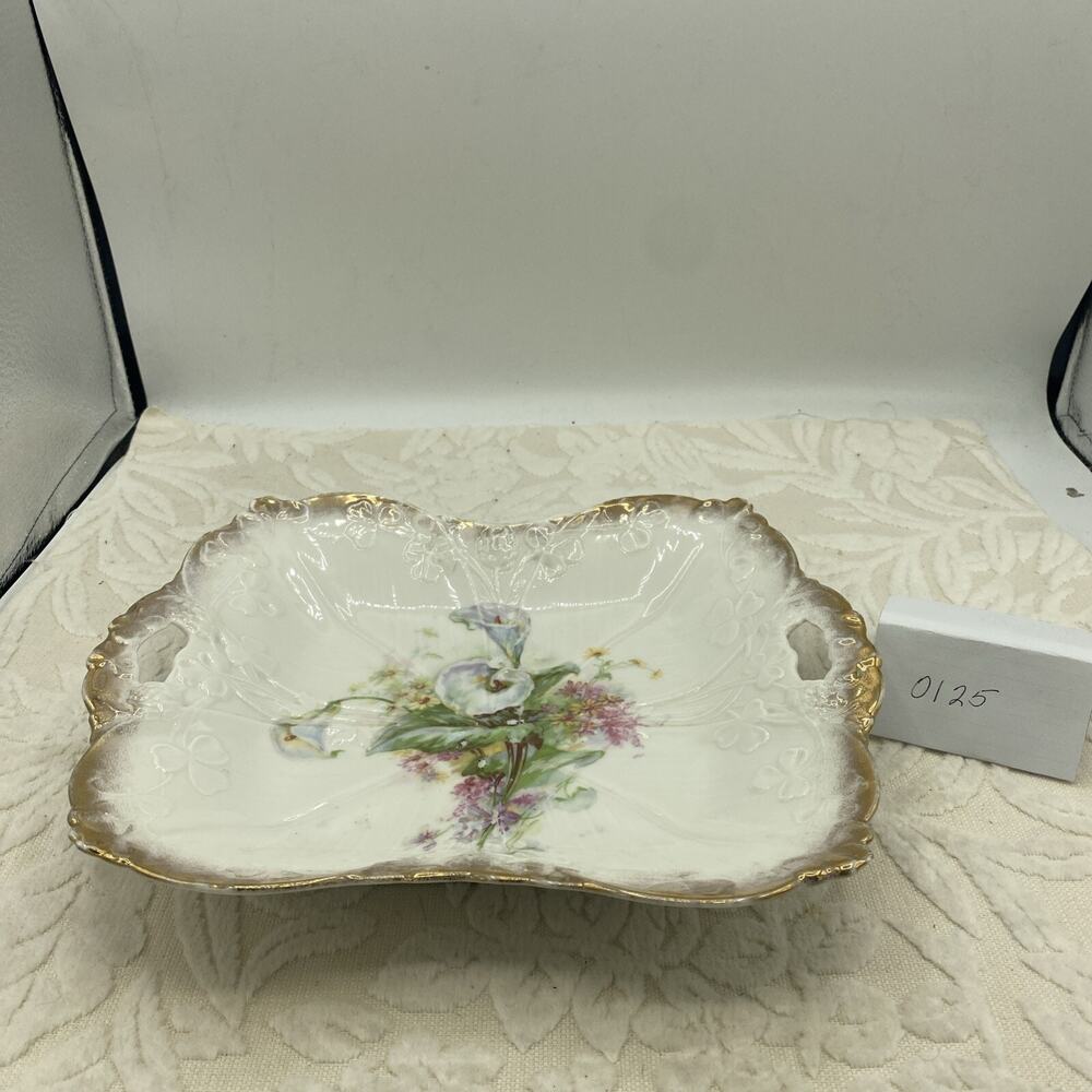 Antique German Wheelock 10 Inch Calla Lilies & Flowers Collectible Bowl
